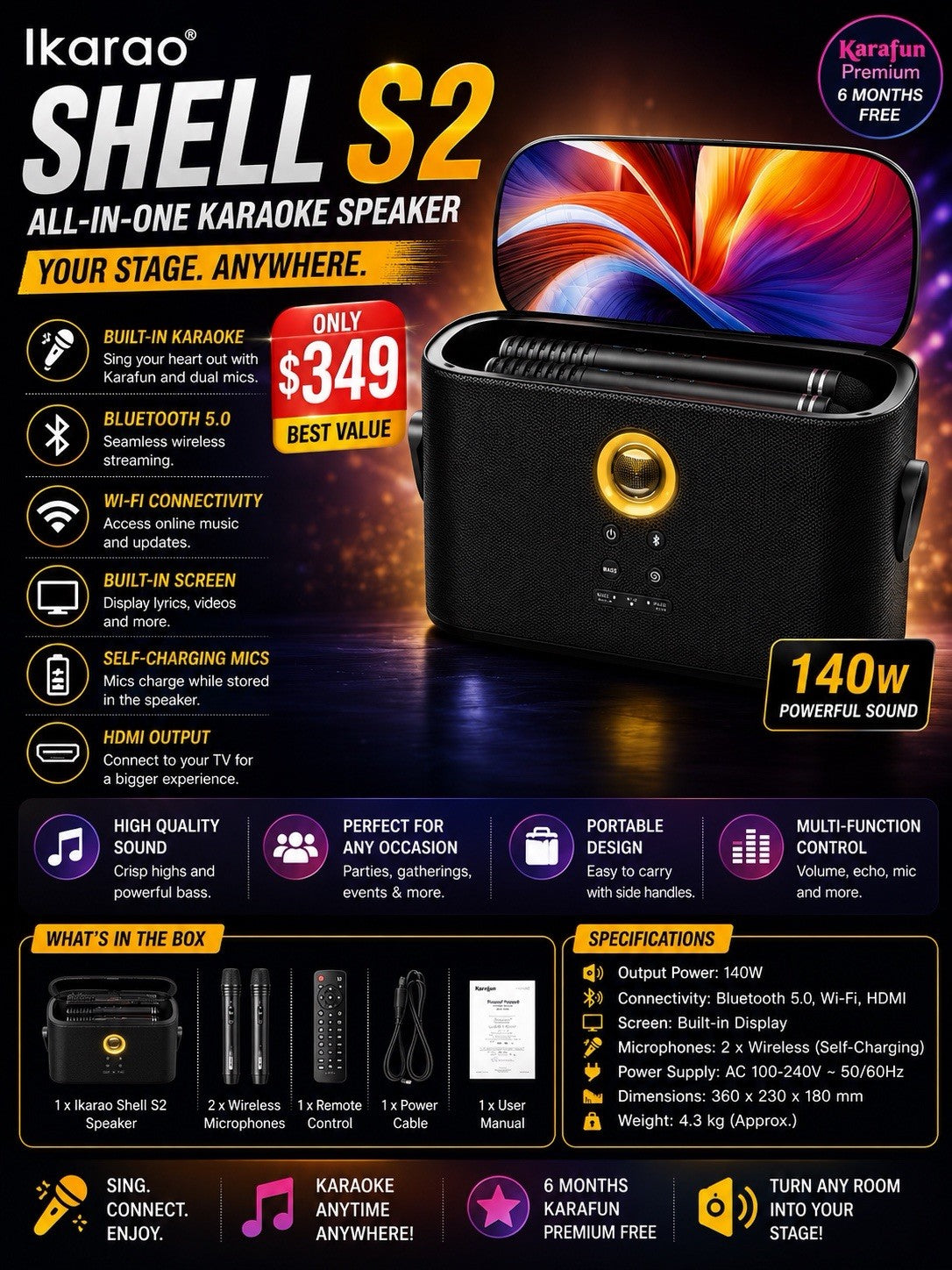 Ikarao Portable Karaoke Machine, 2 Wireless Mics, 140W Speaker, TV Connect, App