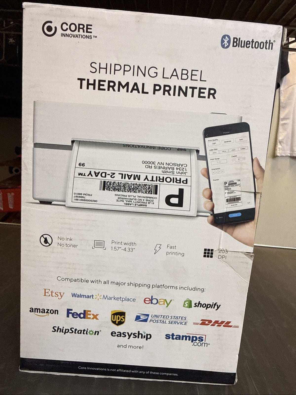 Core Innovations SHIPPING LABEL THERMAL PRINTER, Bluetooth, Wireless, 4x6 Labels
