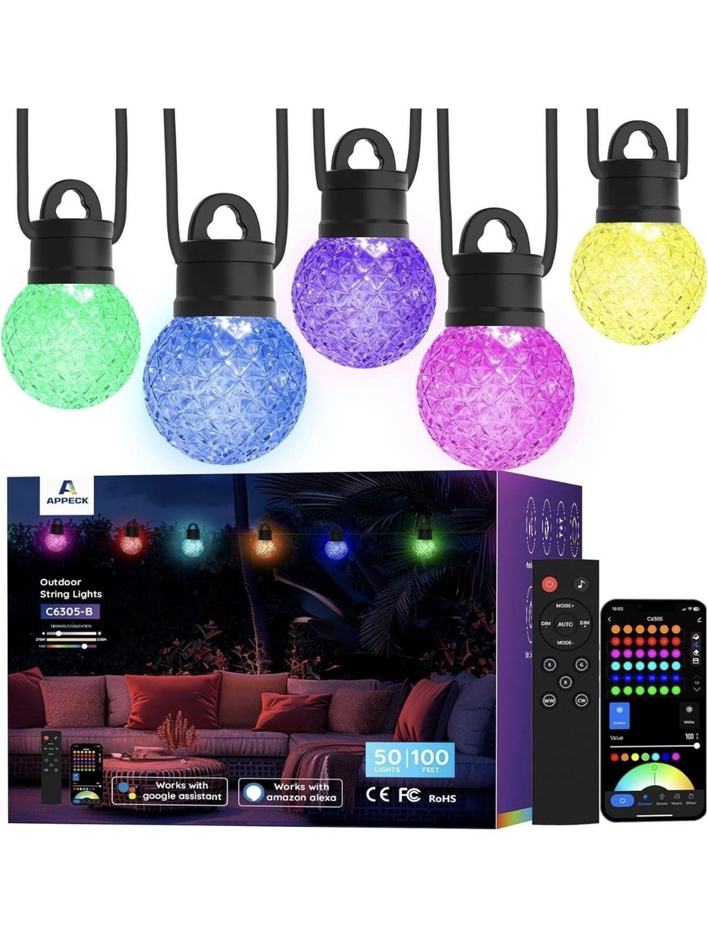 APPECK Smart 100ft Outdoor LED String Lights RGBW Color Changing Patio Alexa App