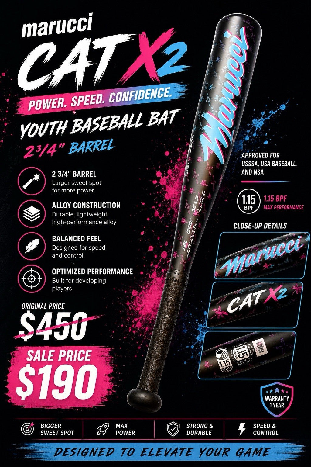 Marucci CATX2 Puck Knob VICE 34” (33” Swing)  BBCOR Baseball Bat, 2 5/8" Barrel