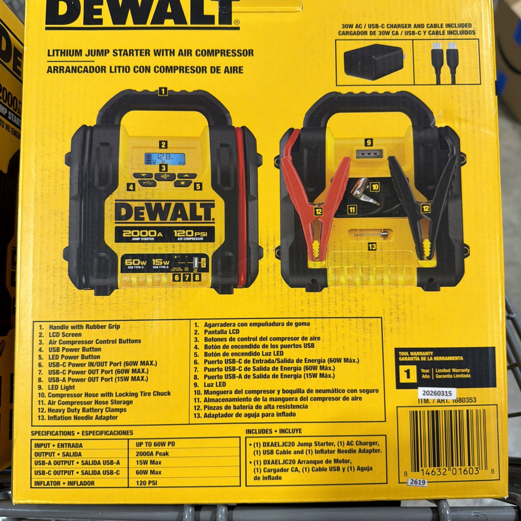 DeWALT DXAELJC20 2000 Peak Amp Lithium Jump Starter Air Compressor New Open Box