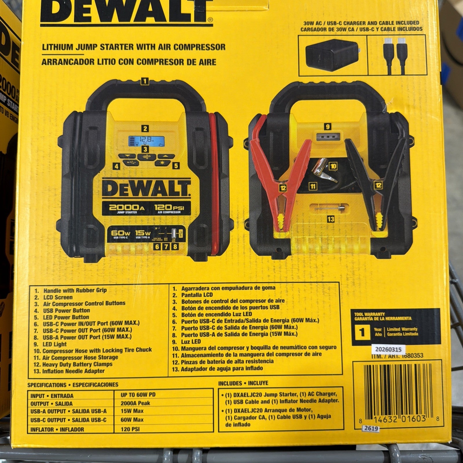 DeWALT DXAELJC20 2000 Peak Amp Lithium Jump Starter Air Compressor New Open Box