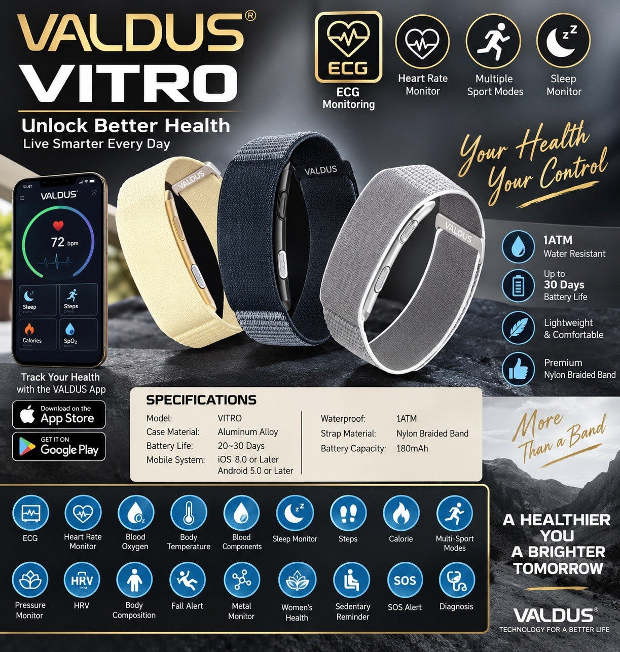 Original ￼Valdus Vitro No Screen Smart Bracelet ECG HR BP Fitness Waterproof