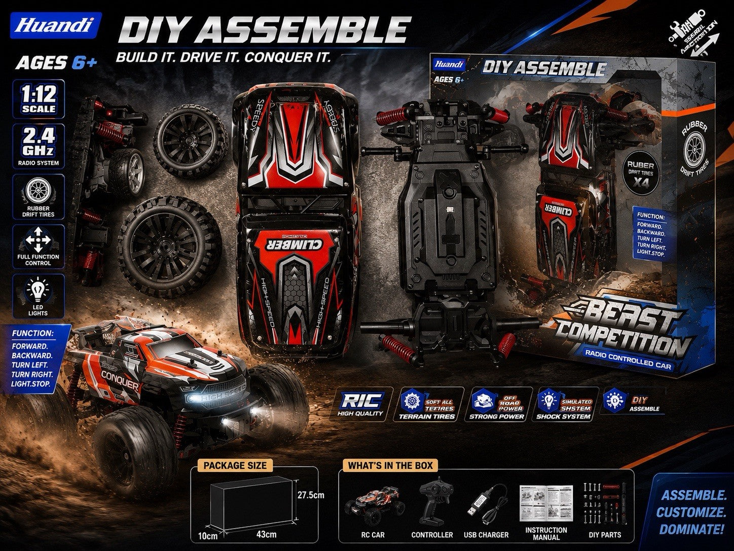 DIY Assemble 1:12 RC Off-Road Car, 2.4GHz, LED Lights, USB Rechargeable