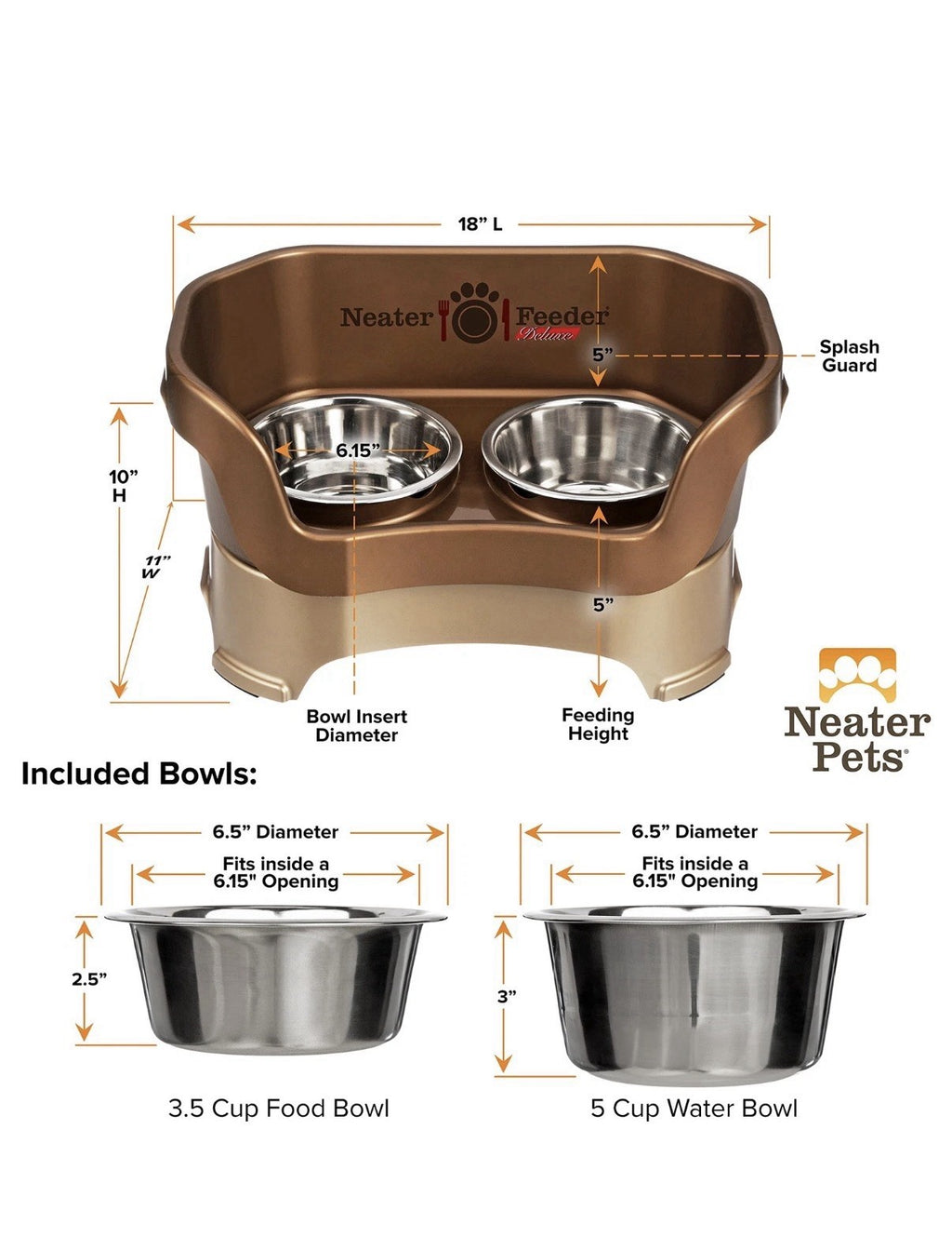 Neater Feeder Deluxe Medium Dog (Bronze) - The Mess Proof Elevated Bowls No Slip