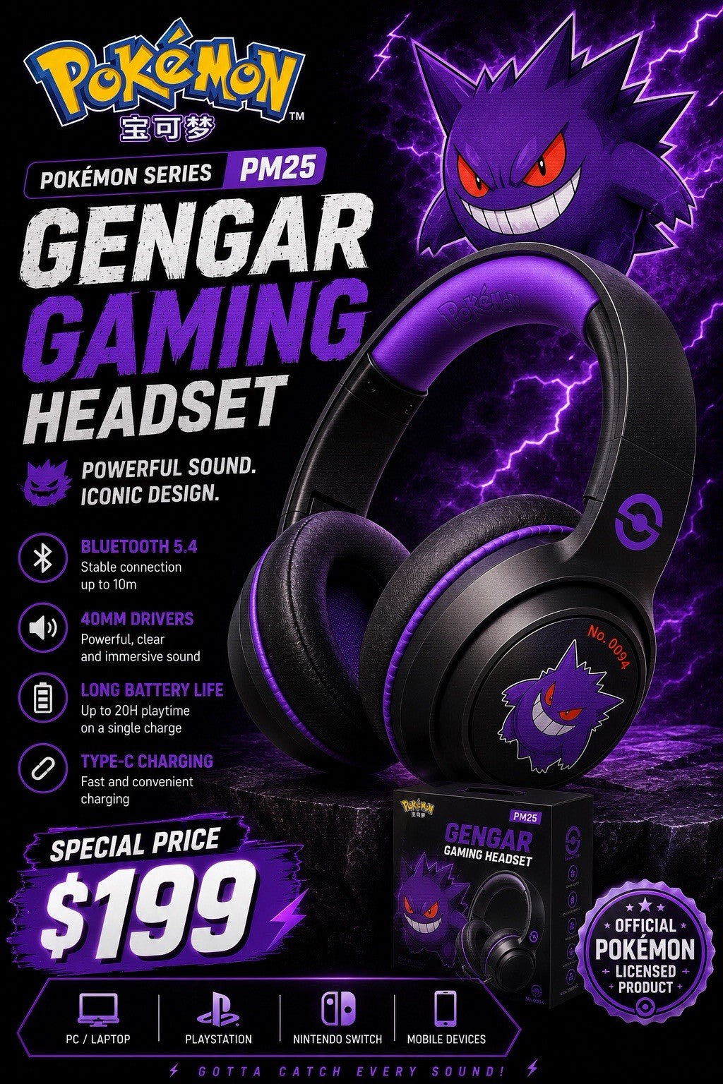 Pokémon Gengar Kraken  EAR HEADPHONES Headset Limited Edition