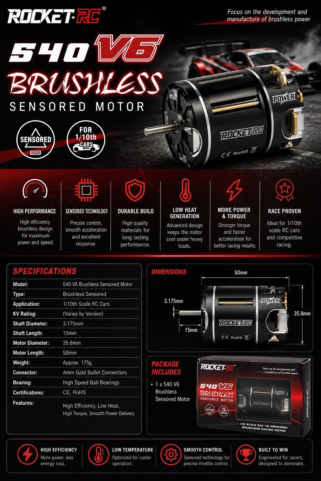 RocketRC 540 V6 Brushless Sensored Motor for 1/10 RC Cars High Performance