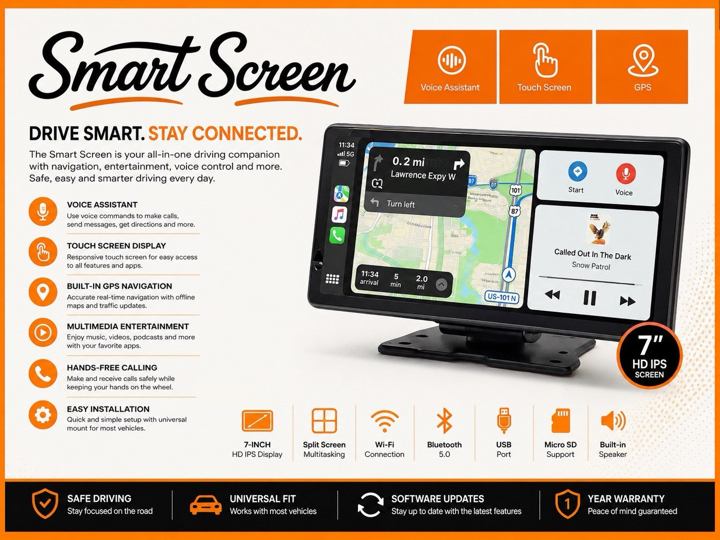 Smart Screen 11" Wireless CarPlay Android Auto Car Stereo Dash Cam Backup Camera