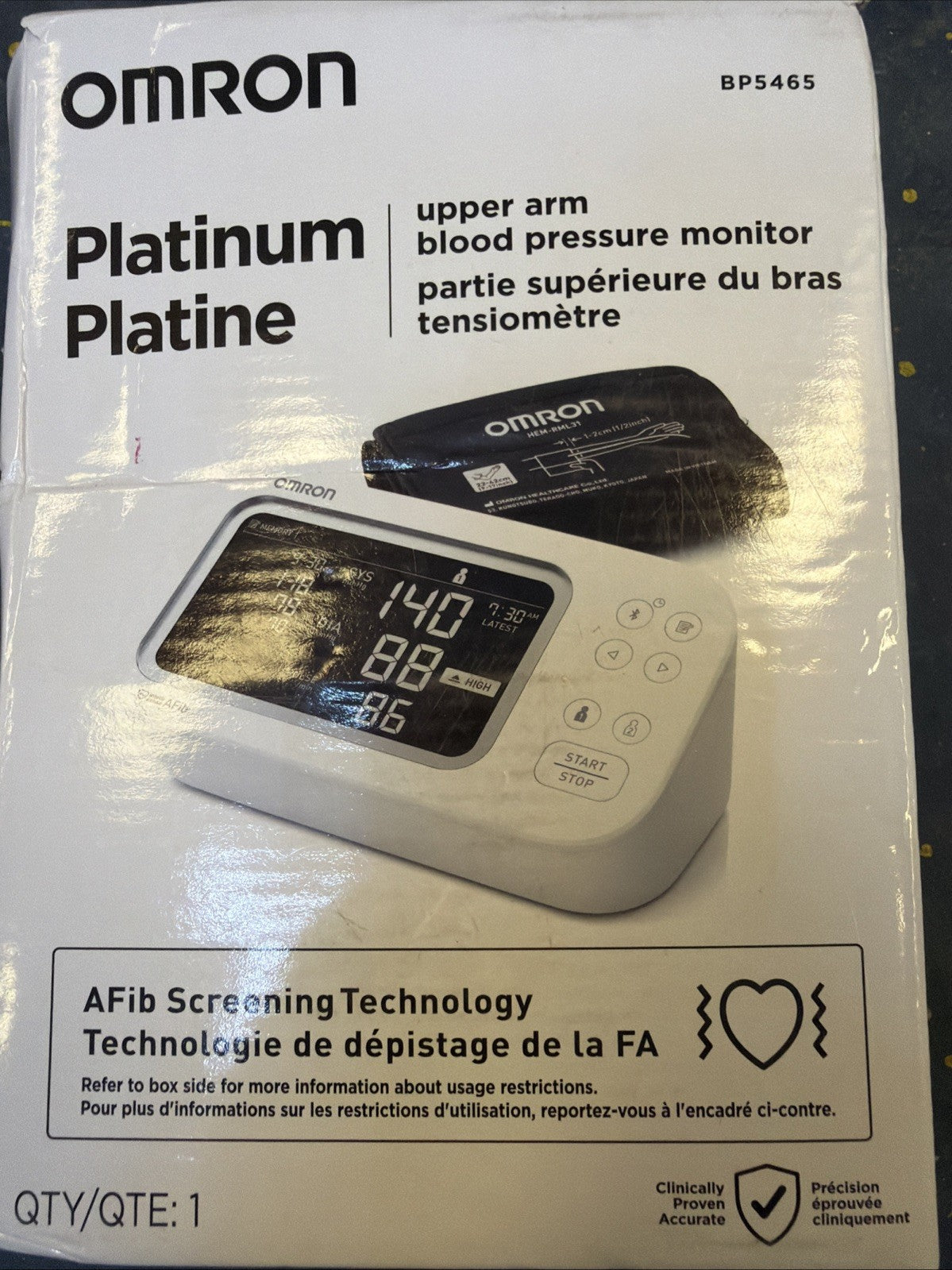 OMRON Platinum Blood Pressure Monitor  Easy To Read Upper Arm Cuff Model: BP5465