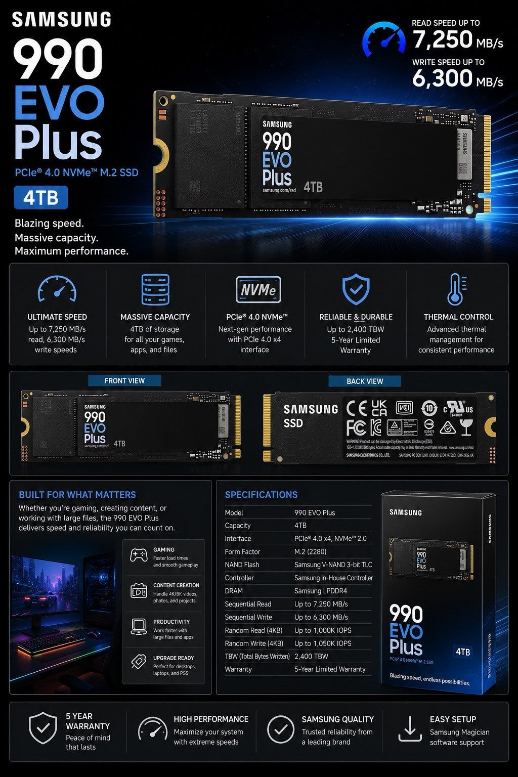 Samsung 990 EVO PLUS 4TB Internal SSD PCIe Gen 4 x4 NVMe Solid State