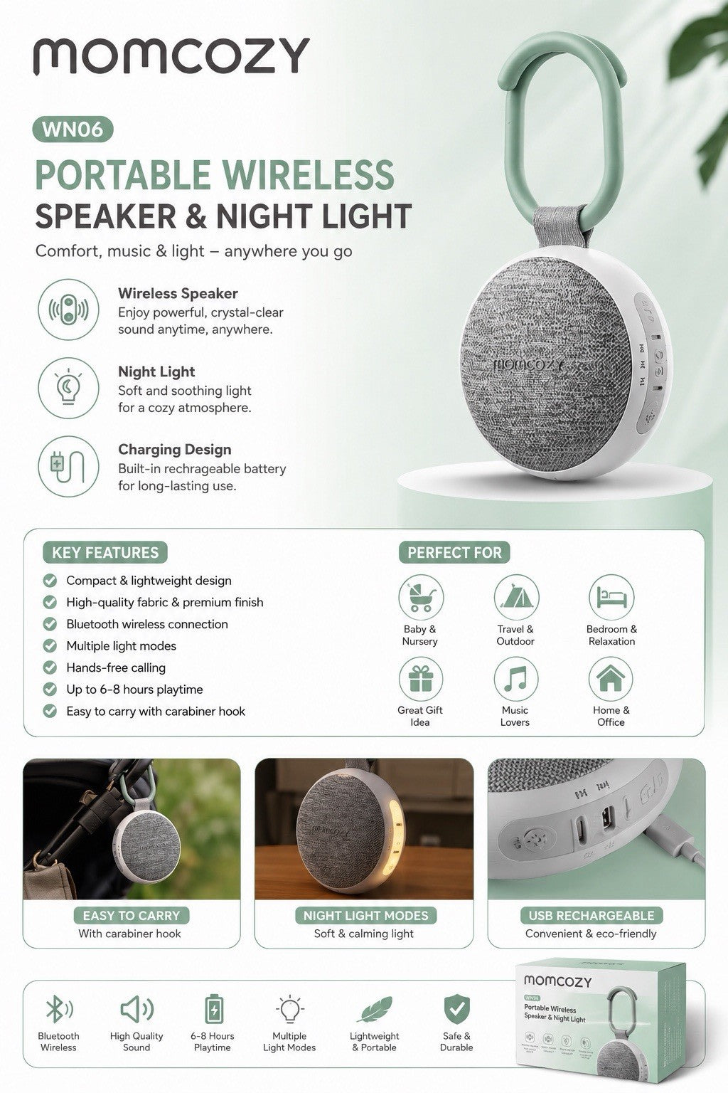 Momcozy WN06 Portable Sound Machine with Night Light Green MPN WN06-GW00BA-A
