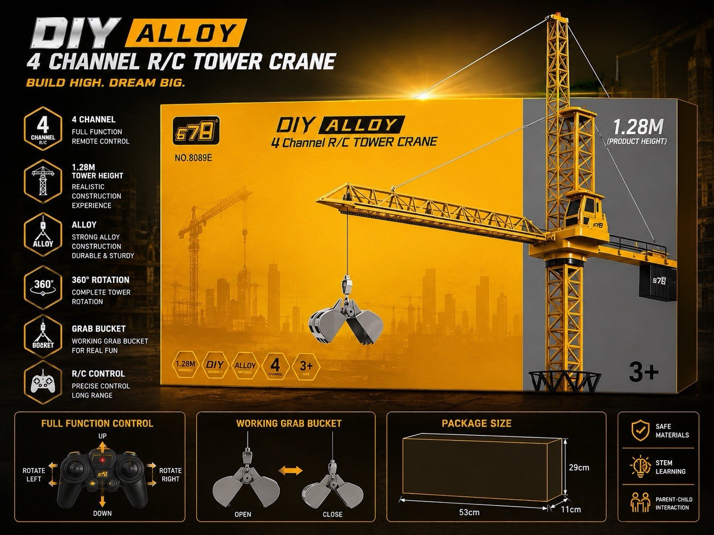 DIY Alloy 4-Channel RC Tower Crane, 50.4” Height, 360° Rotation, Grab Bucket
