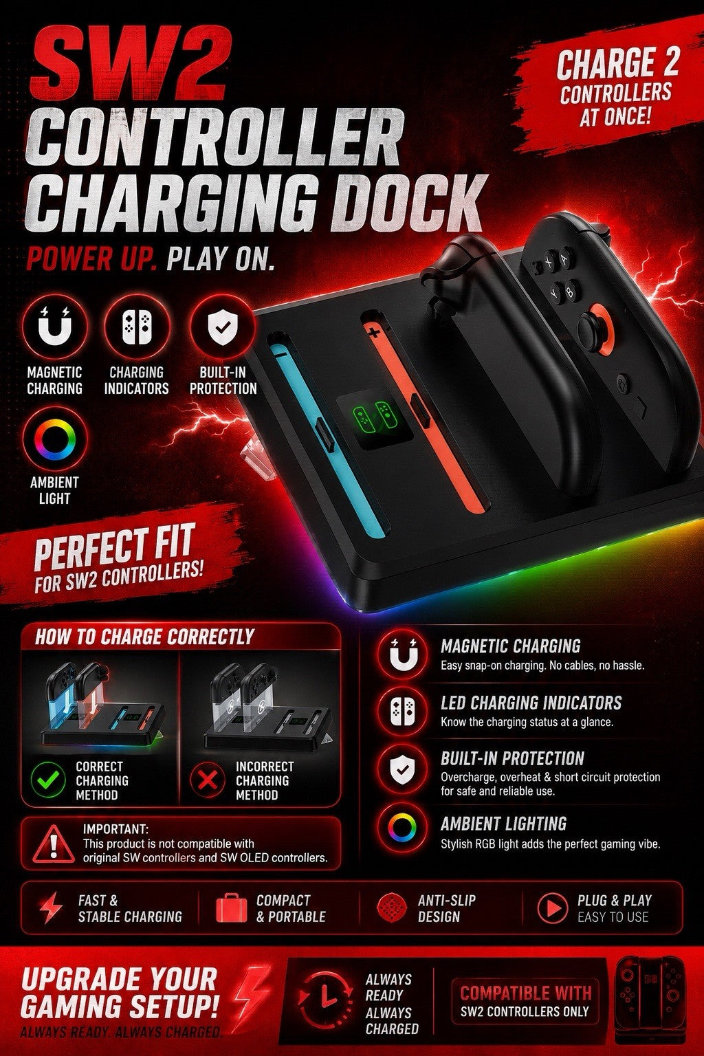 SW2 Controller Charging Dock, magnetic fast charging, RGB light, safe & compact.