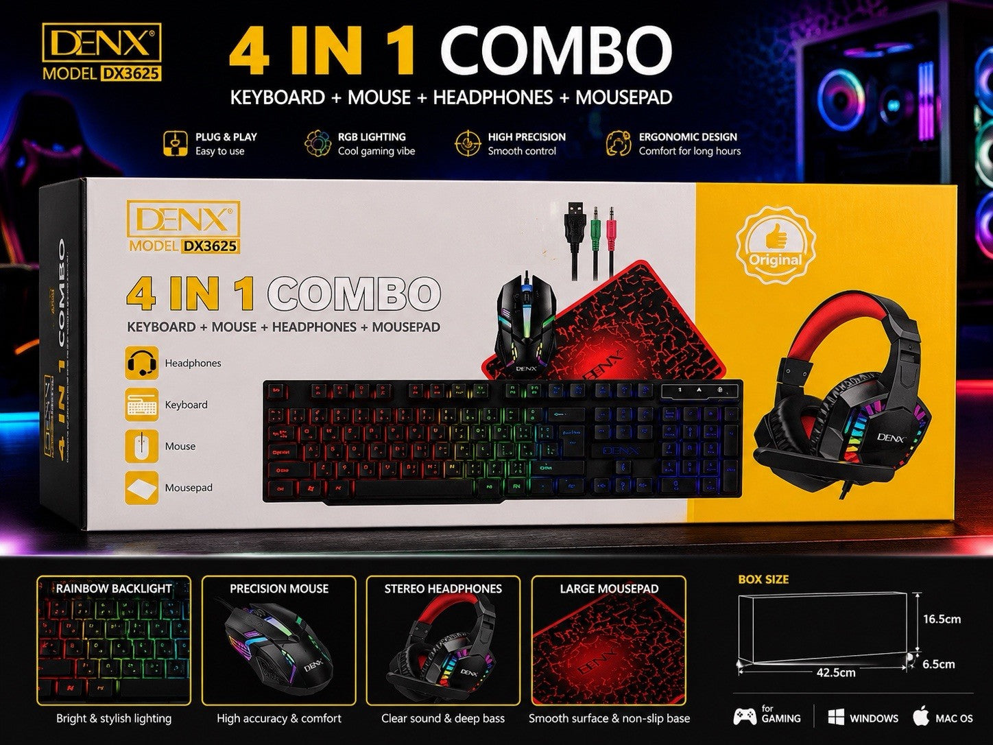 DENX 4-in-1 Gaming Kit - RGB Lighting Keyboard + Precision Mouse + Comfortable H