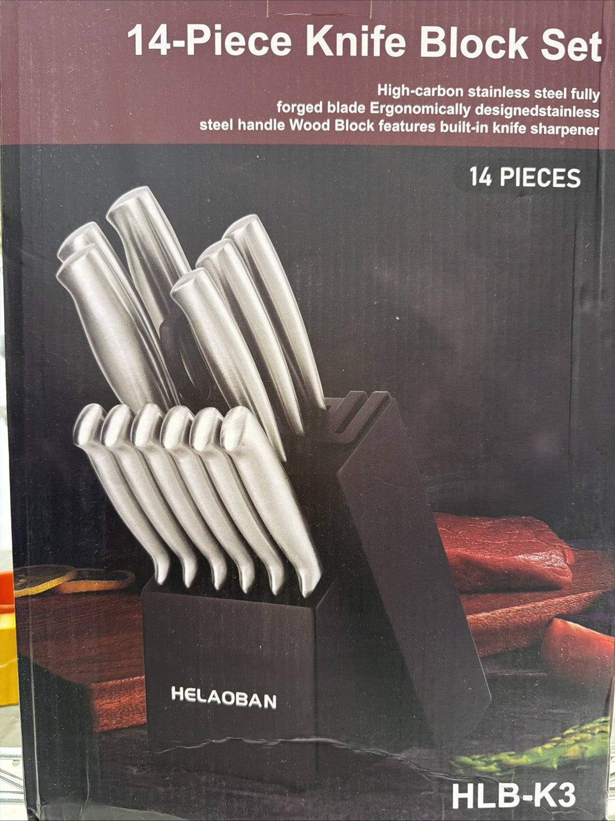 HELAOBAN 14 Pc Kitchen Knife Block Set High Carbon Stainless Steel HLB-K3 NEW