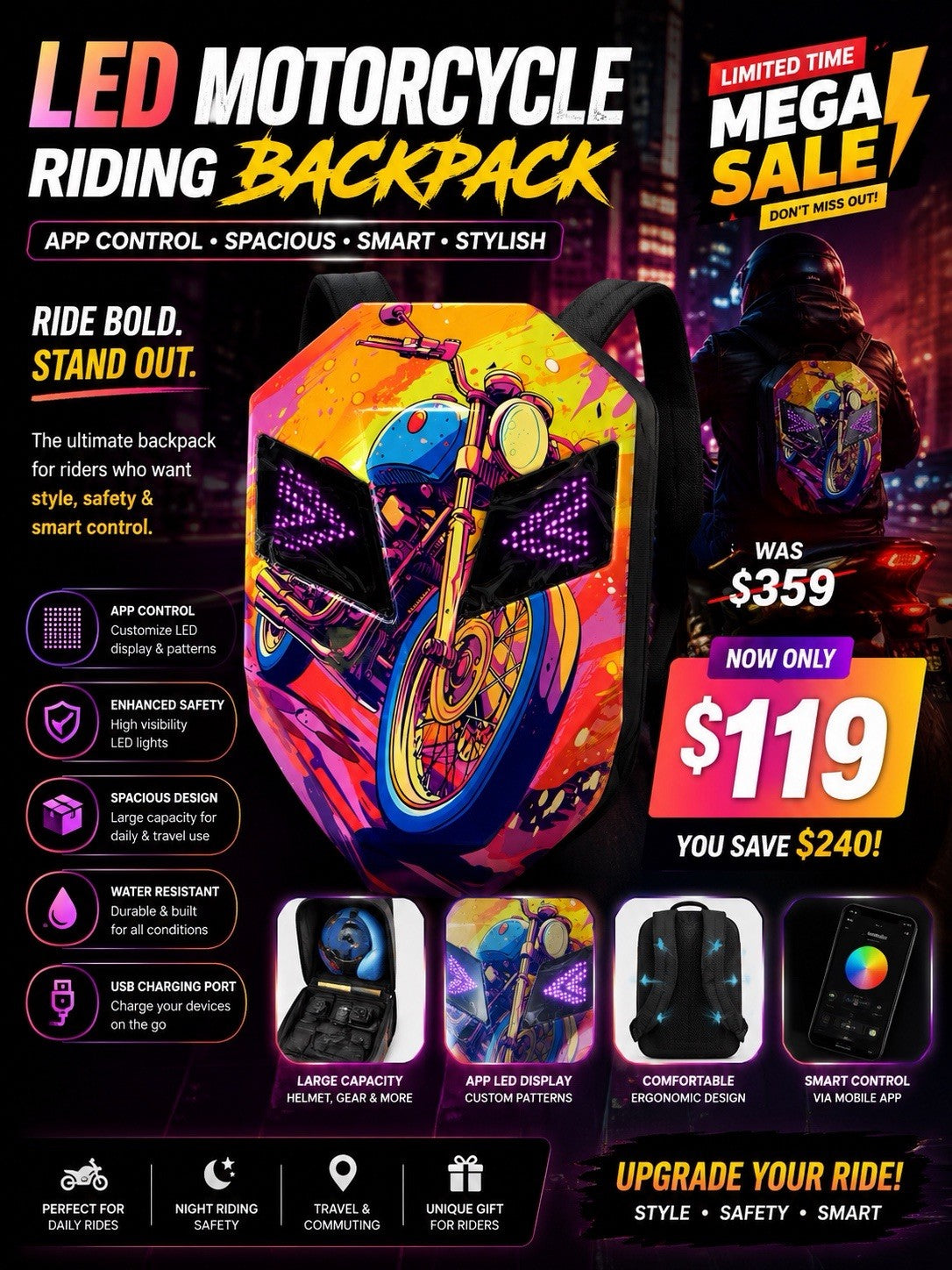 LED Motorcycle Riding Backpack APP Control Spacious