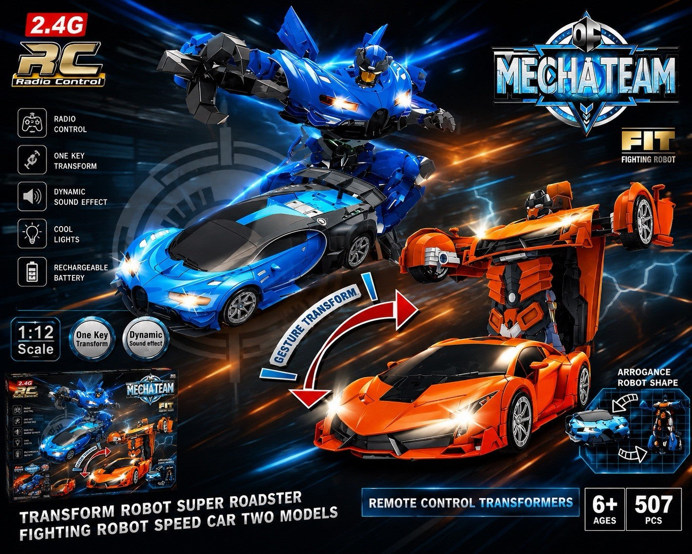 SUGIFT 1:18 Scale Transforming RC Car Robot with LED Lights