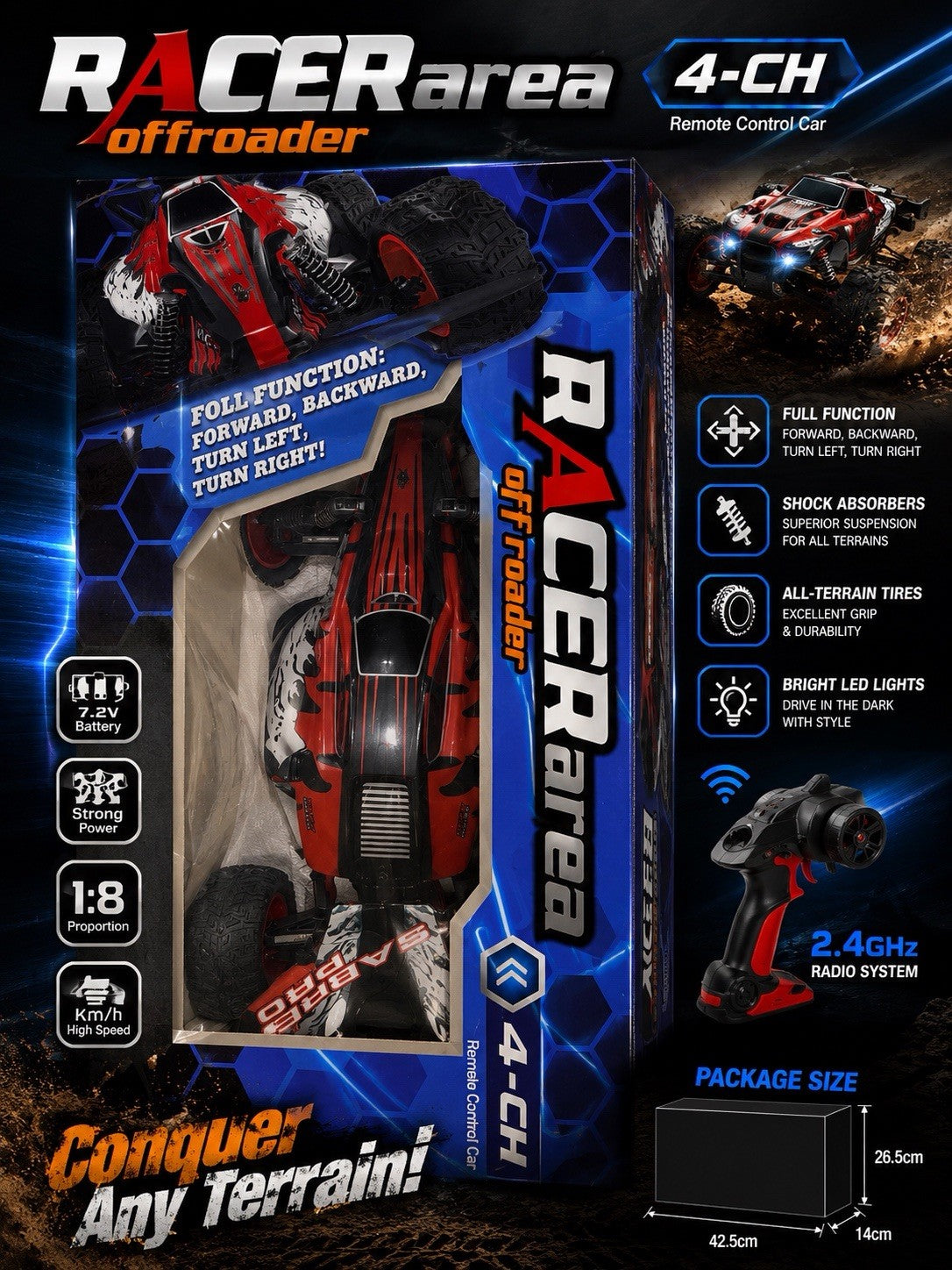 2.4GHz 4CH RC Off-Road Car with LED Lights, Shock Absorbers & 7.2V Battery