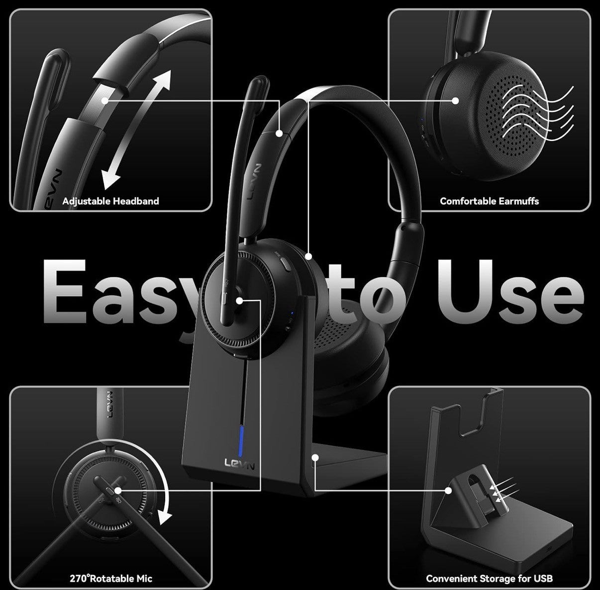 Wireless Headset with Mic for Work, Bluetooth Headset with Microphone
