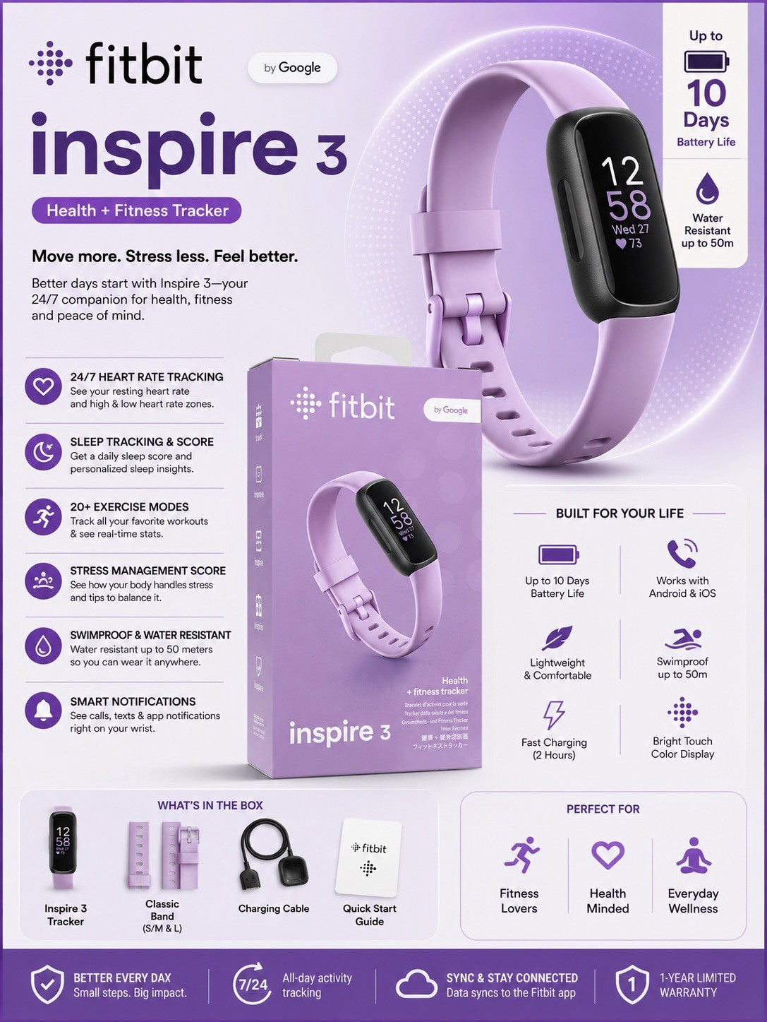 Open Box  Fitbit Inspire 3 Activity Tracker - Black with Lilac Bliss Band