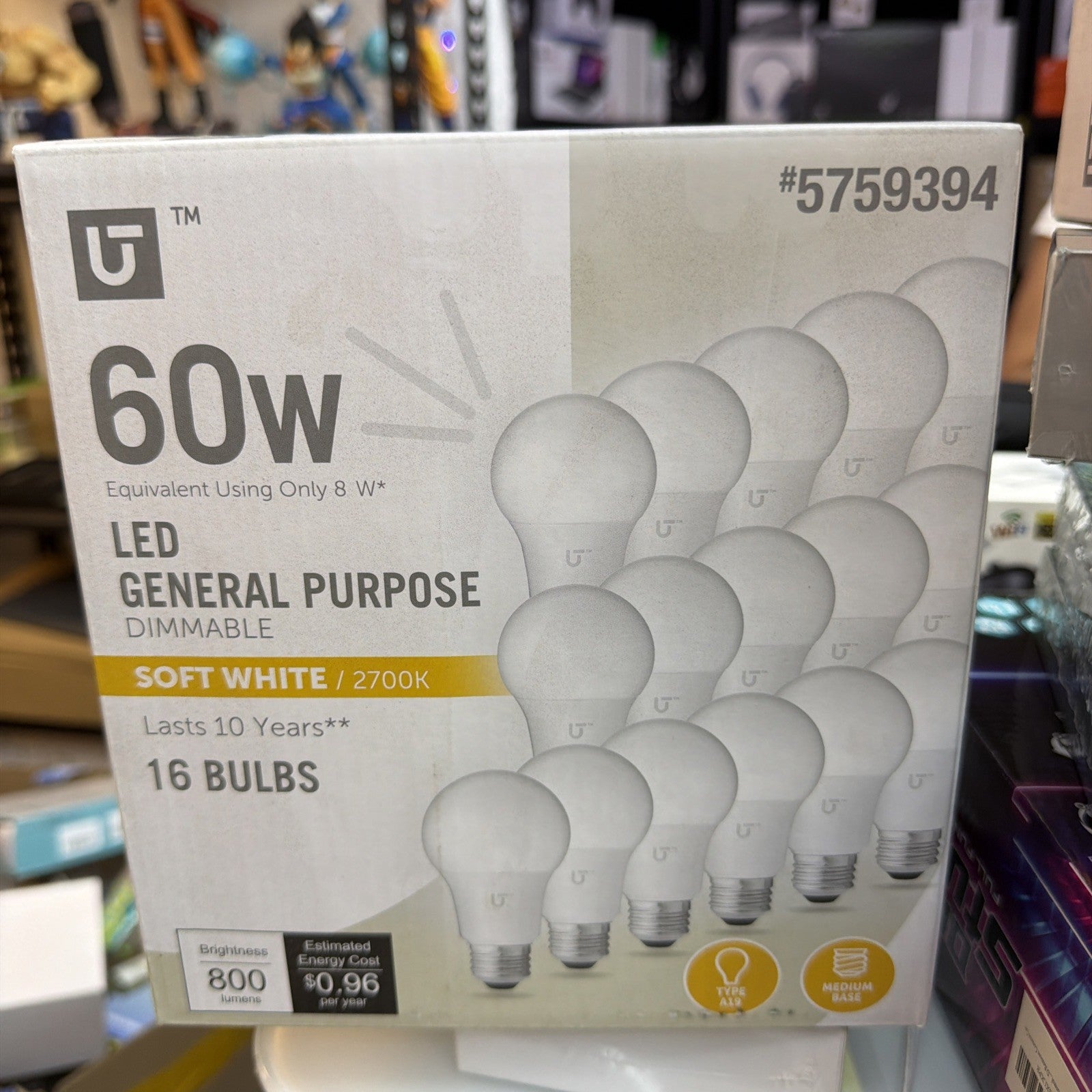 8W A19 E26 LED Light Bulbs 60 Watt Equivalent 2700K Soft White 16 Pack DIMMABLE