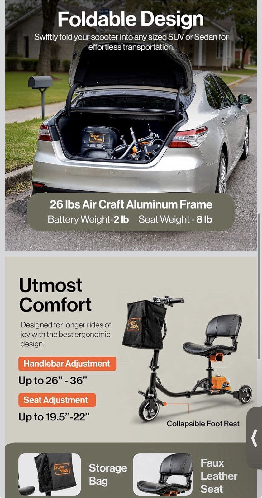 SuperHandy Foldable Mobility Scooter for Adults, 3 Wheel, One Battery