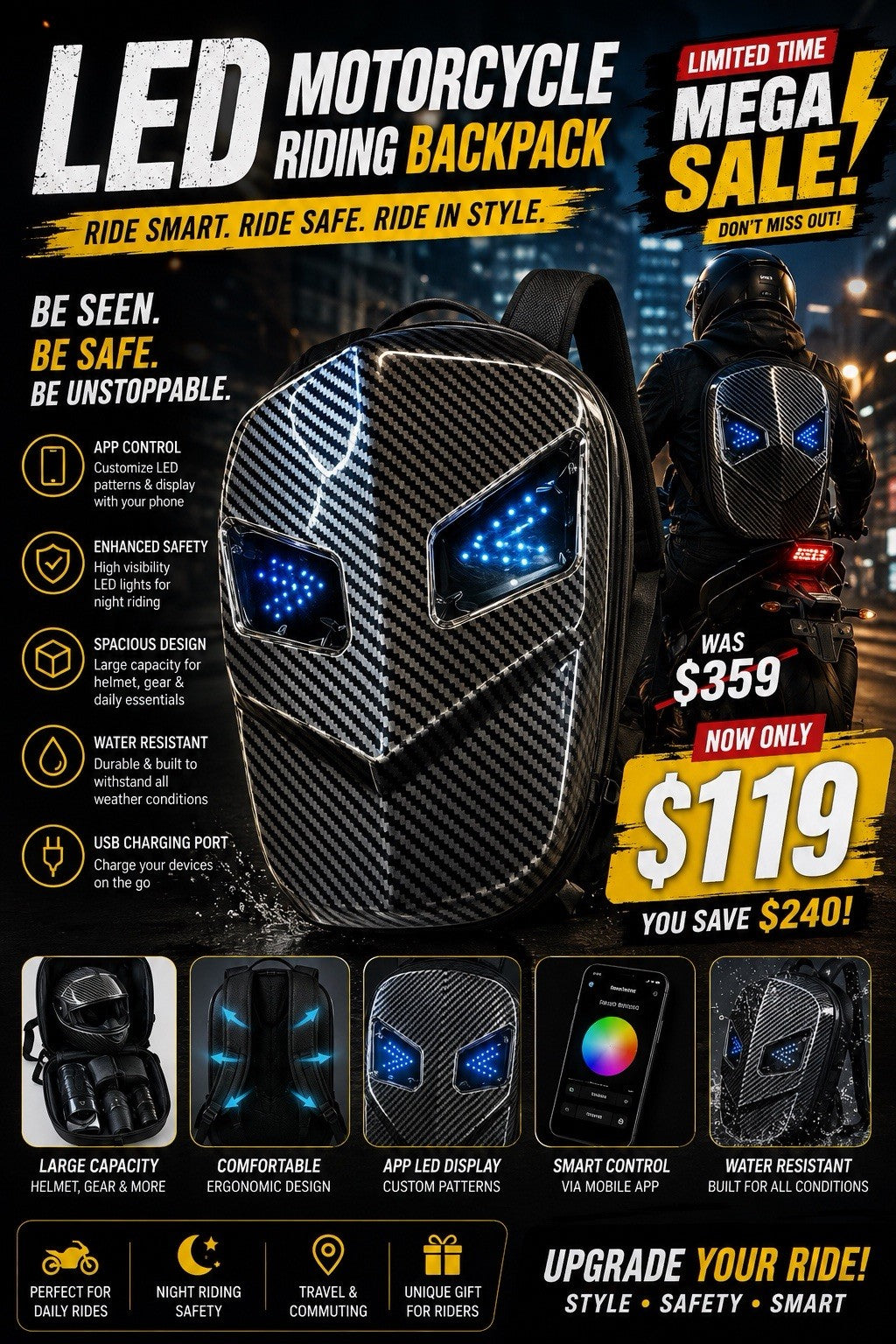 LED Motorcycle Riding Backpack APP Control Spacious