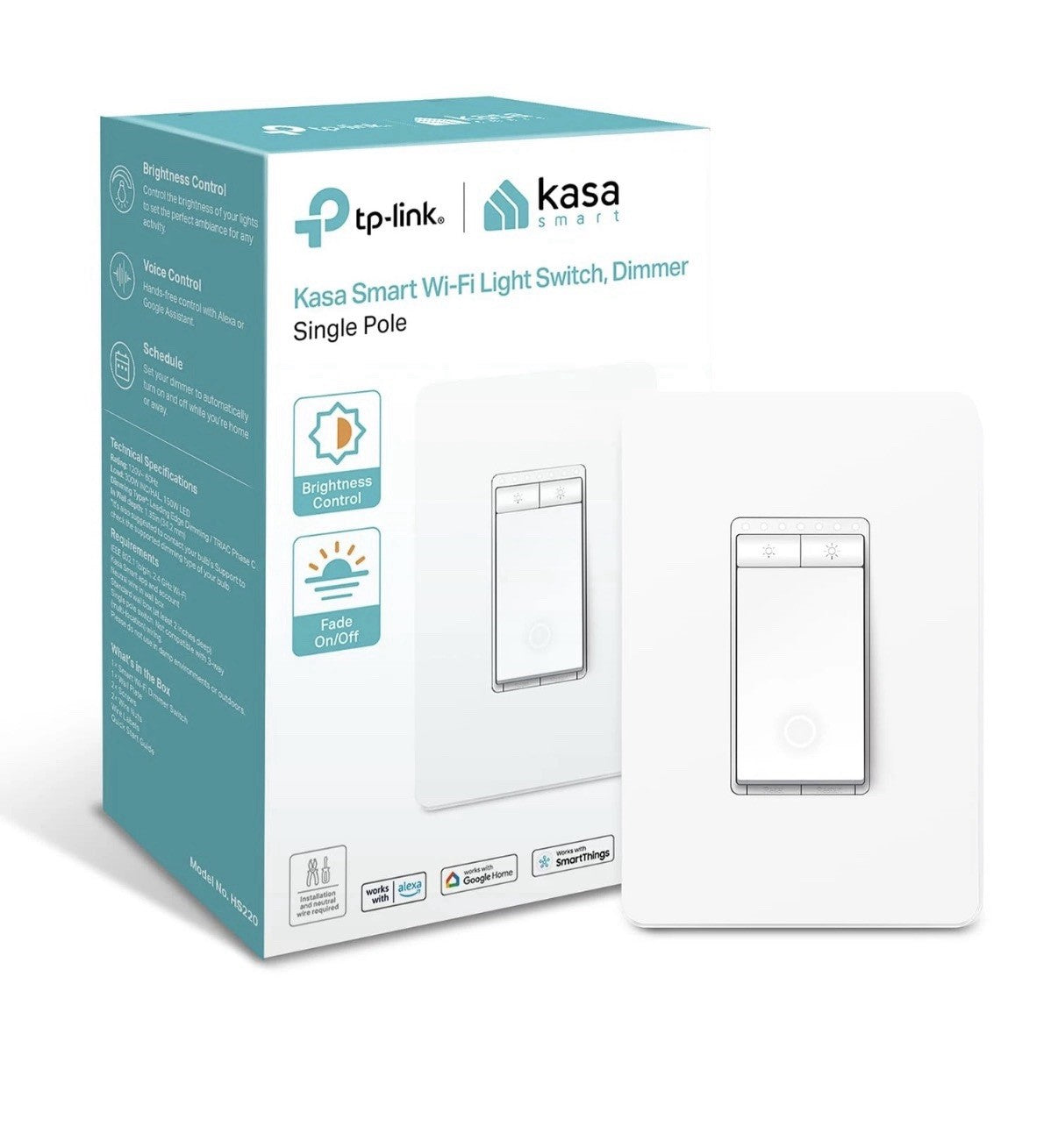 Kasa Smart Dimmer Switch HS220, Single Pole, 1 Pack, White, Alexa Compatible