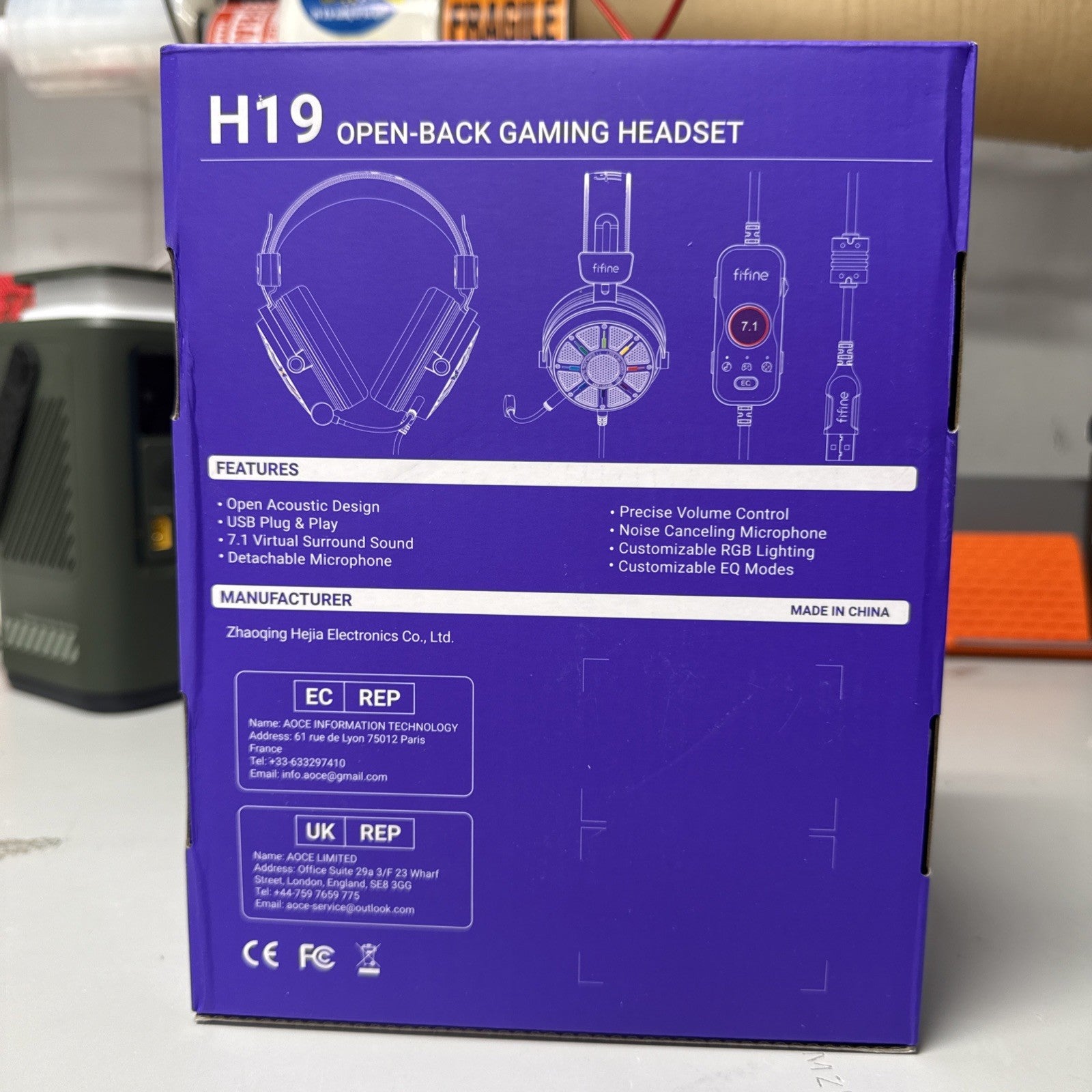 FIFINE H19 Open-Back USB Gaming Headset RGB 7.1 Surround Boom Mic Black. NEW