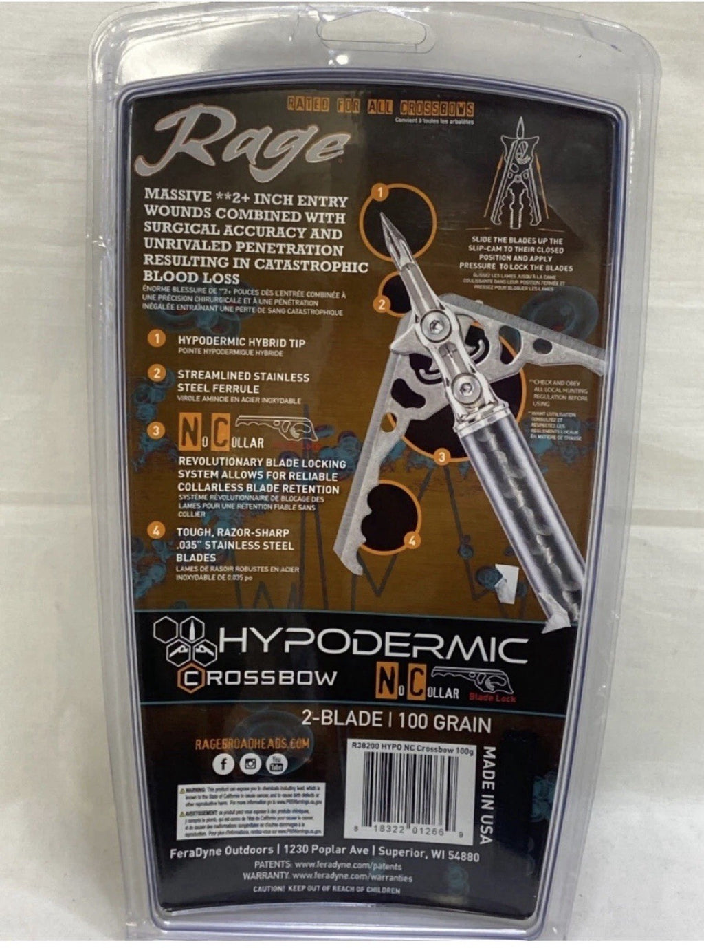 RAGE HYPODERMIC NC (NO COLLAR) 100 GRAIN BROADHEADS 3-PACK (TDW032366)