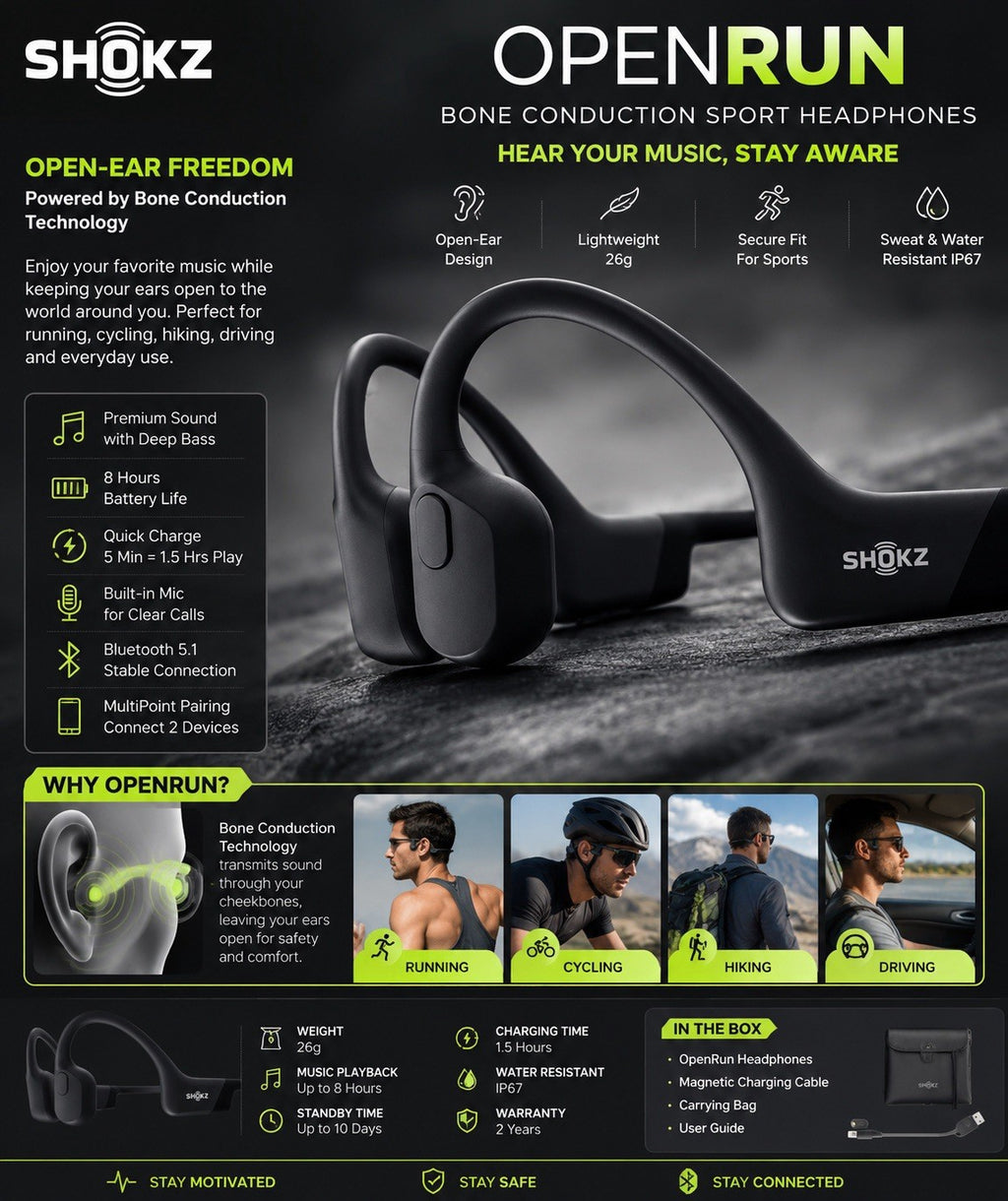 Shokz OpenRun S803 Wireless Sport Headphones - Waterproof IP67 Grey New / Black
