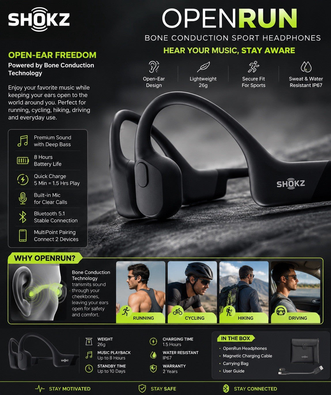 Shokz OpenRun S803 Wireless Sport Headphones - Waterproof IP67 Grey New / Black
