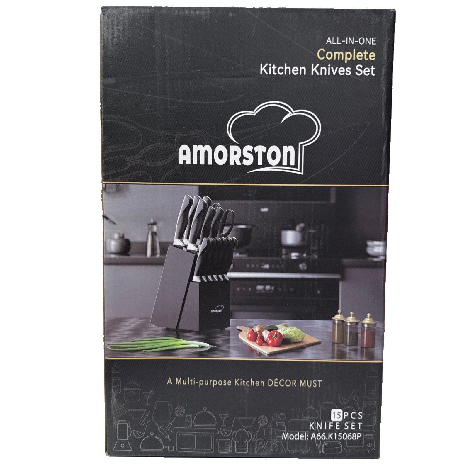 Amorston 15 Piece All-In-one Complete Knife Set W/ Block W/ Sharpener