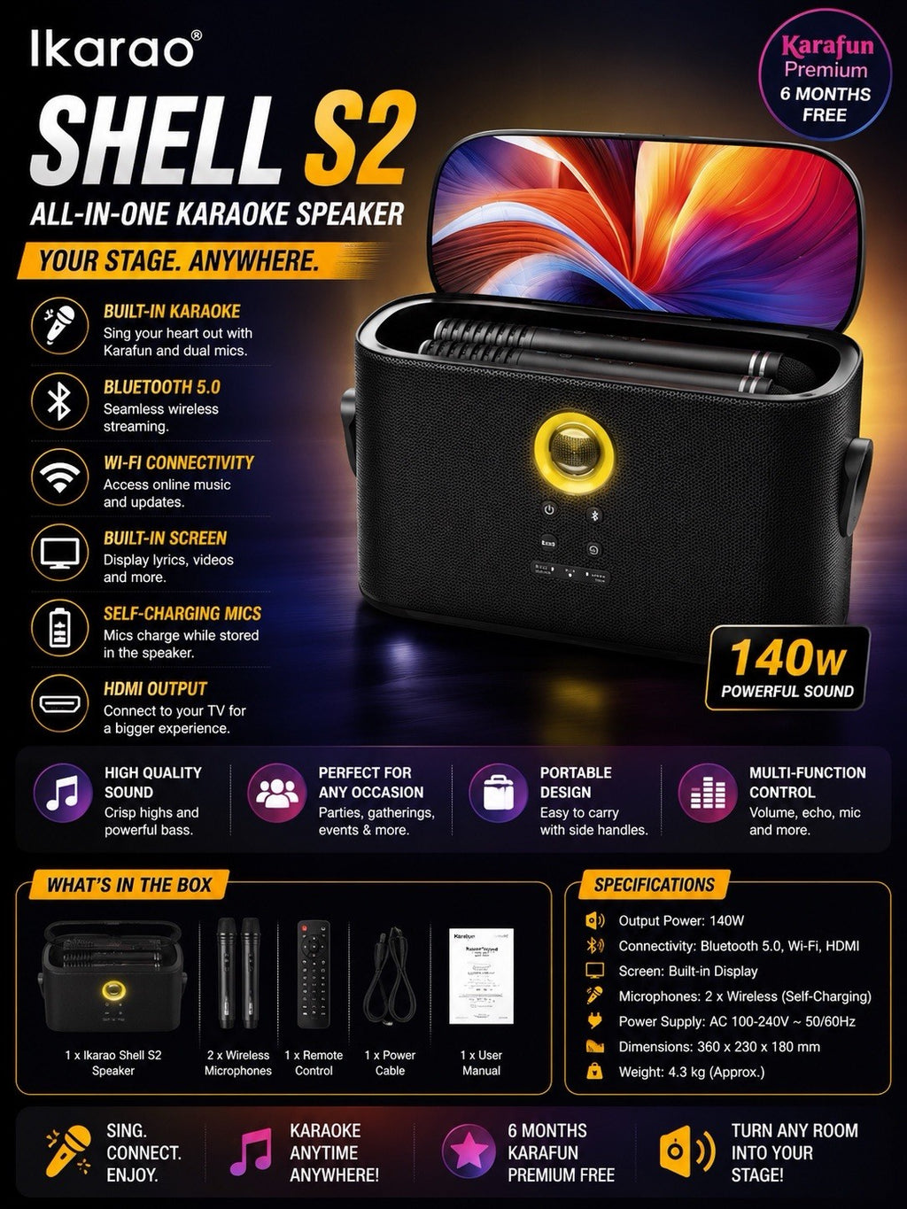 Ikarao Portable Karaoke Machine, 2 Wireless Mics, 140W Speaker, TV Connect, App