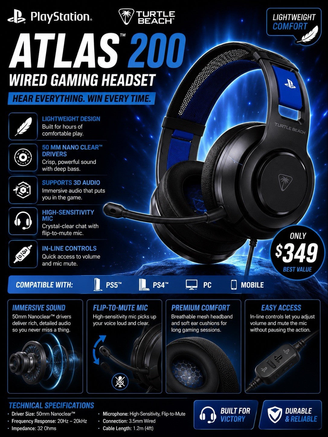 New Turtle Beach Atlas 200 Wired Gaming Headset for PlayStation - PS5 PS4