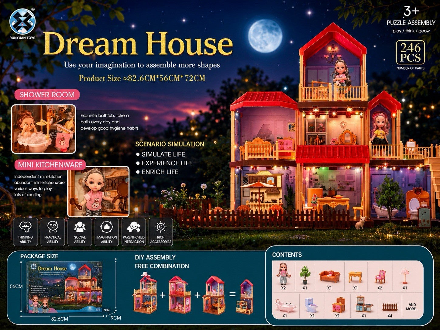 246PCS Dream House DIY Dollhouse Playset with Furniture, Lights & Accessories