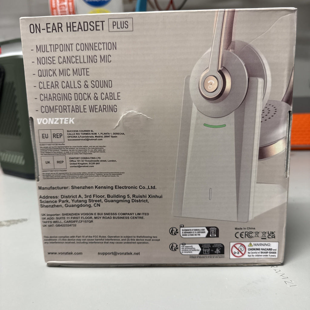 Vonztek BT786CD-BJ Bluetooth Wireless Headset Noise Cancelling Dock White Gold