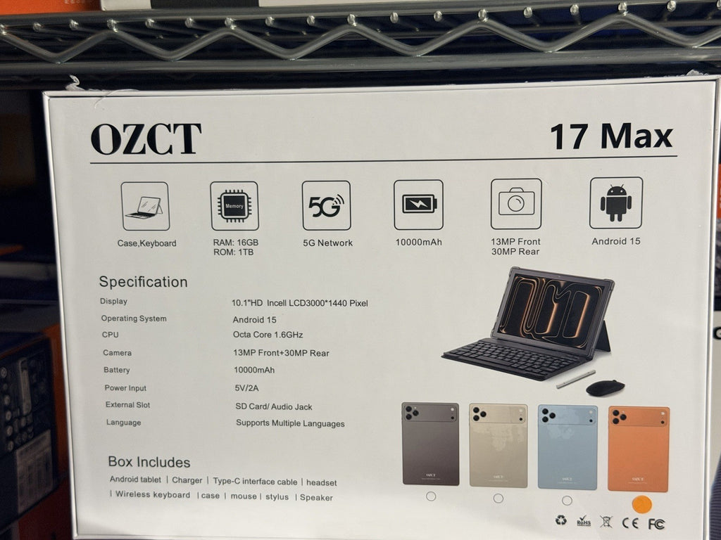 OZCT 17 Max Tablet, 16GB RAM, 1TB, Android 15, 10.1" LCD, 5G, Multi-Color