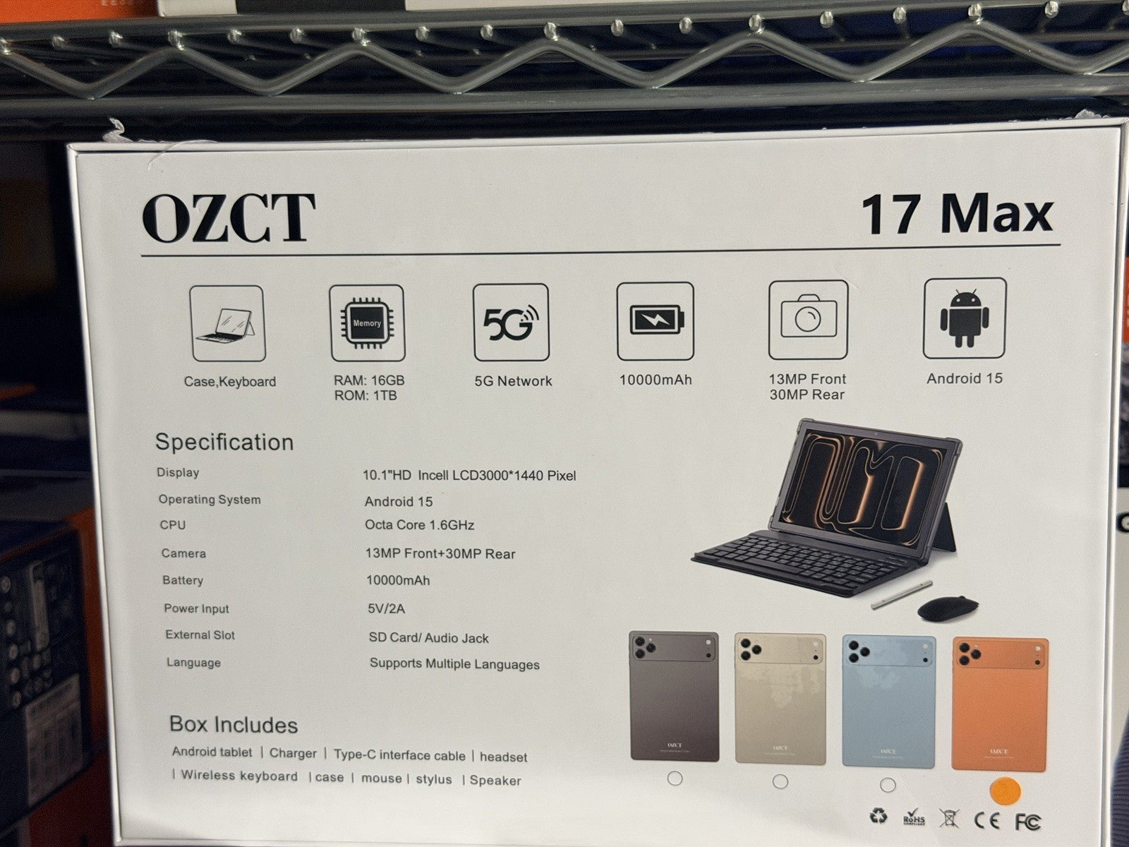 OZCT 17 Max Tablet, 16GB RAM, 1TB, Android 15, 10.1" LCD, 5G, Multi-Color