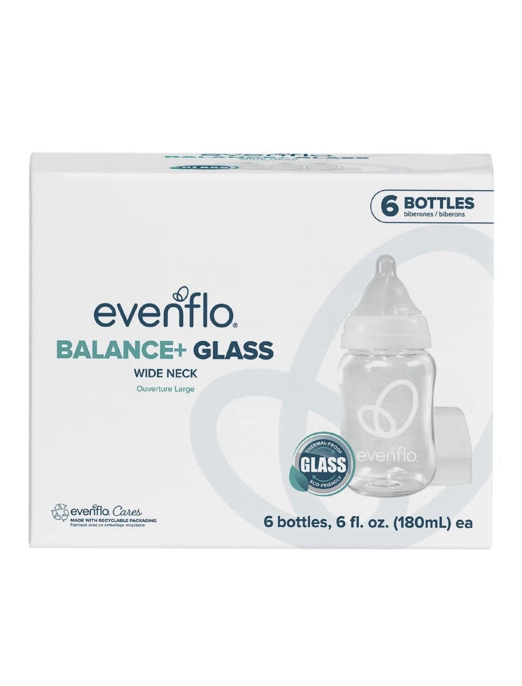 Evenflo Balance+ Glass Wide Neck Baby Bottles, Clear, 6 fl oz, 6 Pack