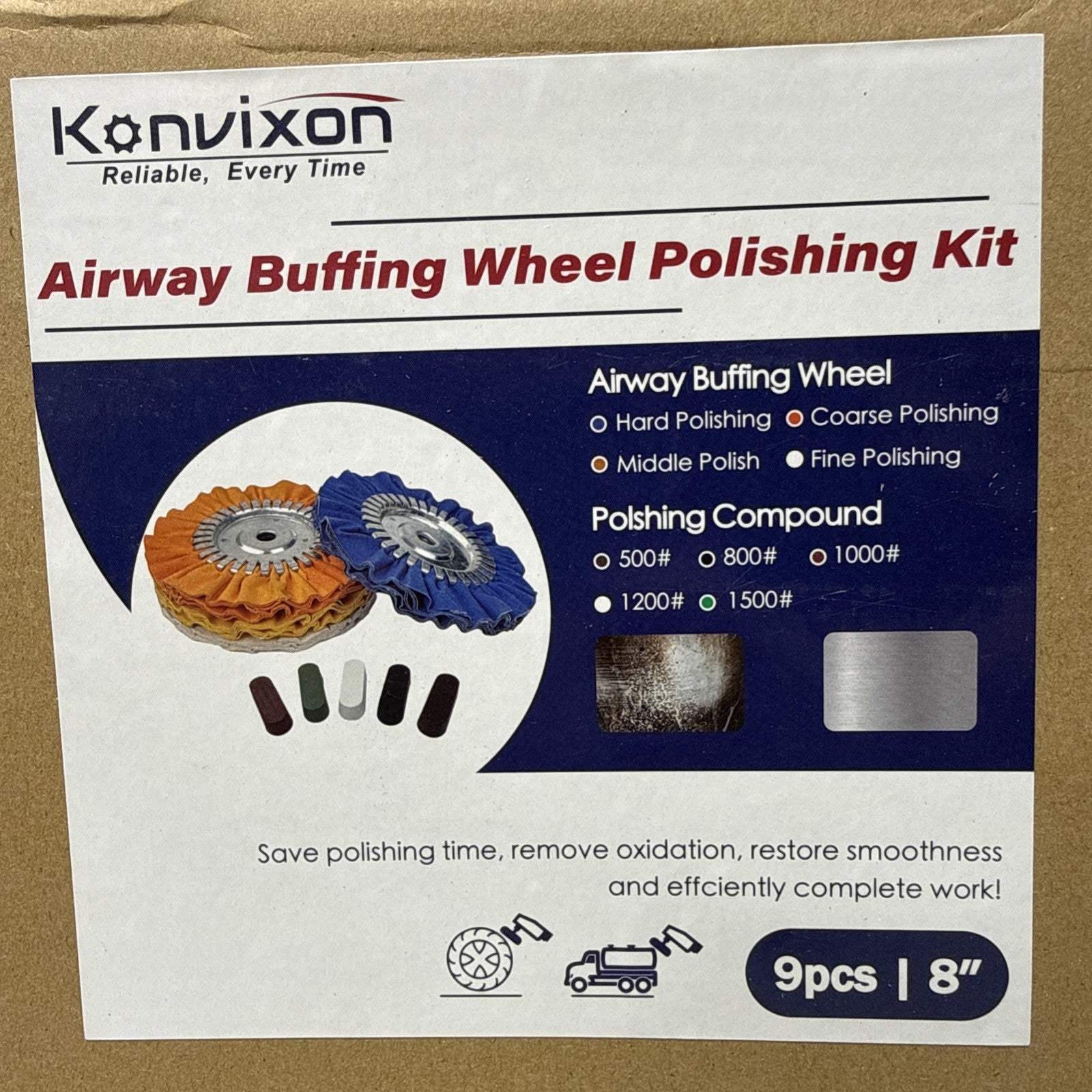 9 Pcs 8" Airway Buffing Wheel Aluminum Polishing Kit Safety Flange in Dia 5/8 in