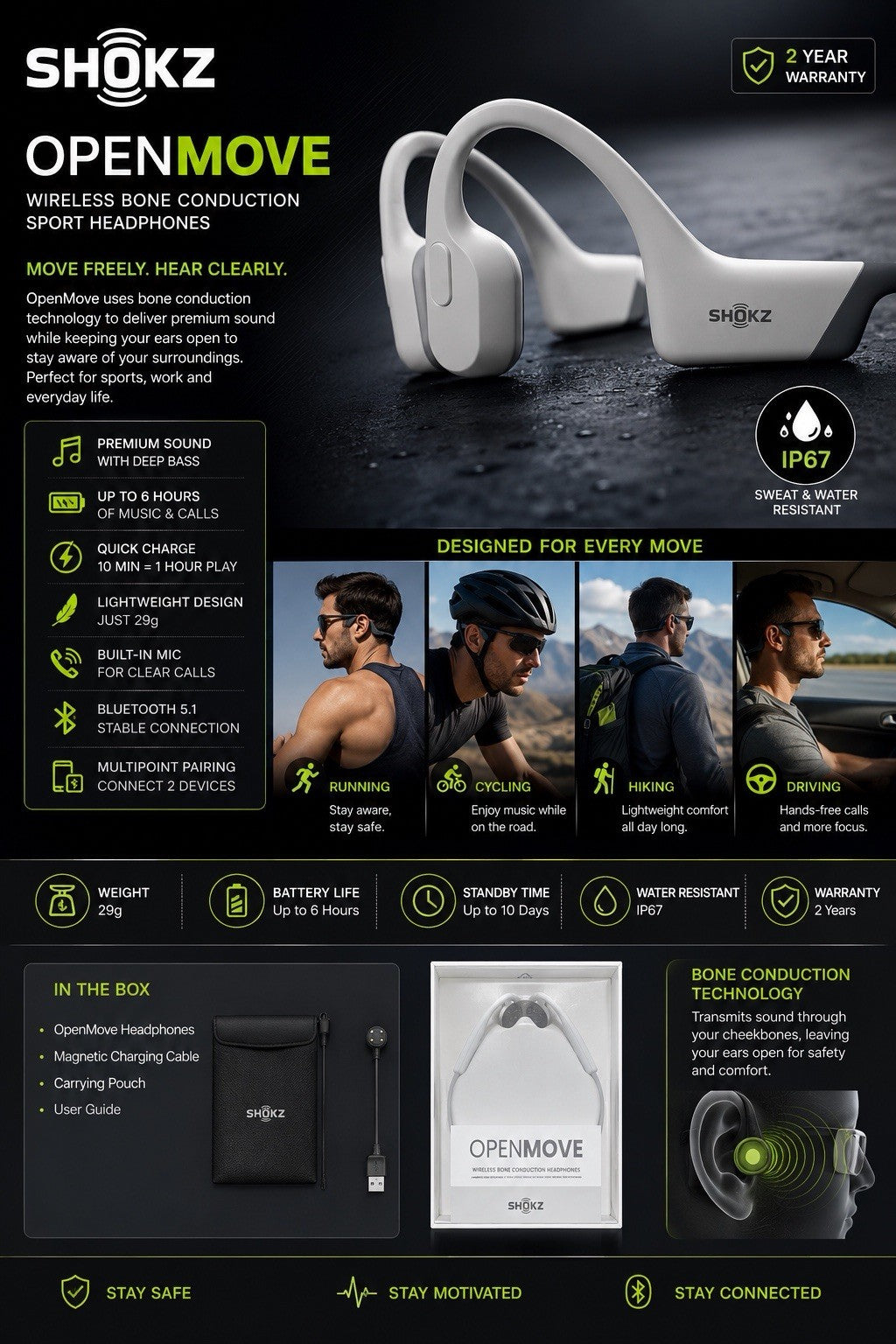 Shokz OpenMove Water Resistant Wireless Bluetooth Bone Conduction Headphones