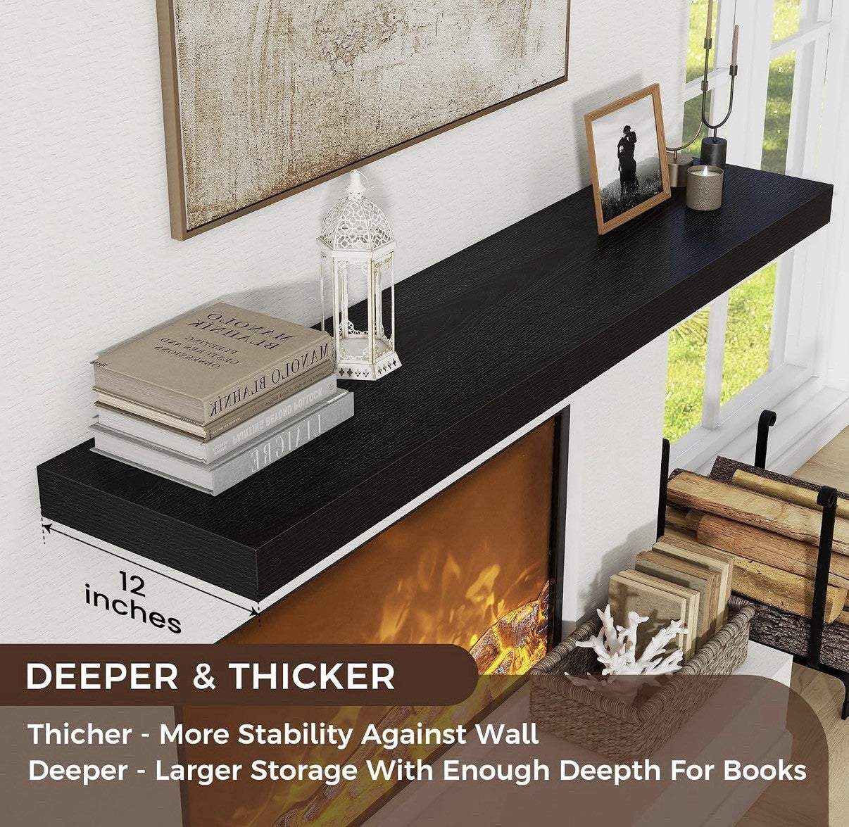 72 Inch Long Floating Shelves , 12"D Wood Grain Black Finish