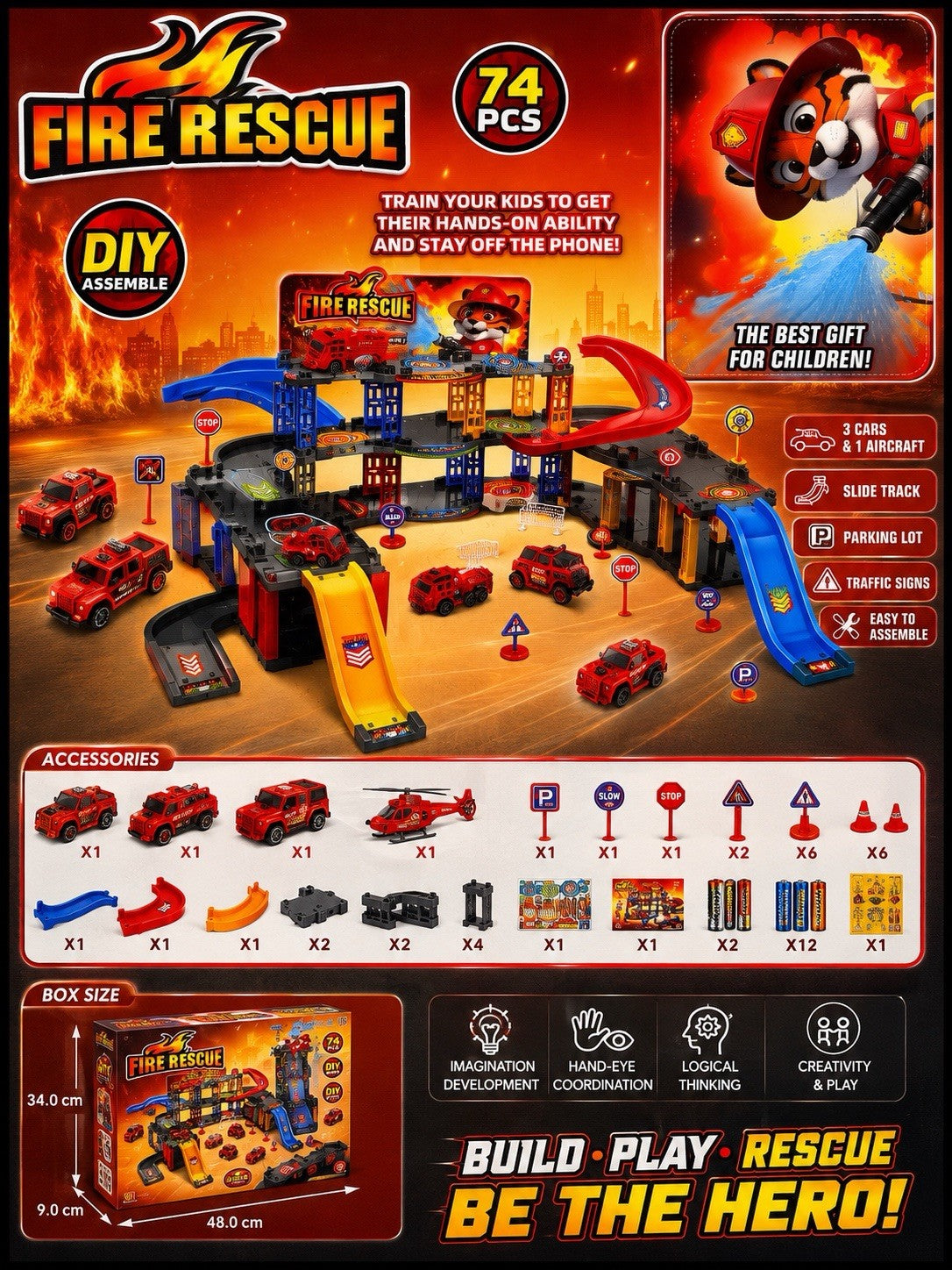 74PCS Fire Rescue DIY Track Set with Cars, Helicopter & Traffic Signs for Kids