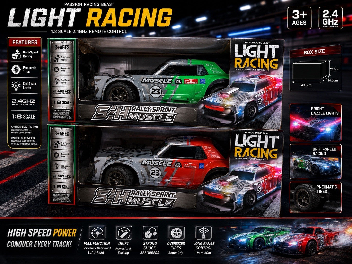 1:8 RC Drift Racing Car, 2.4GHz Remote Control, LED Lights, Ages 3+