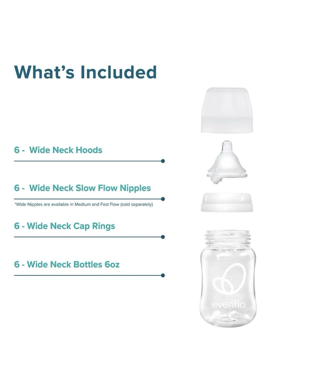 Evenflo Balance+ Glass Wide Neck Baby Bottles, Clear, 6 fl oz, 6 Pack