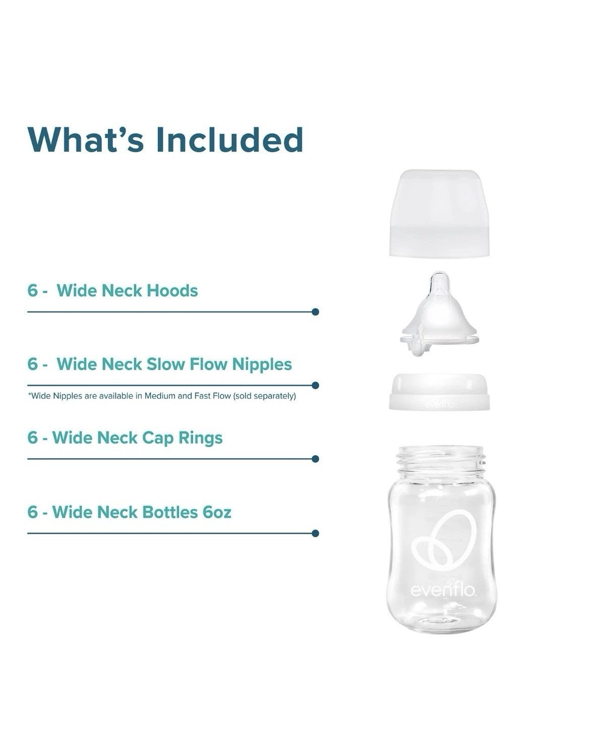 Evenflo Balance+ Glass Wide Neck Baby Bottles, Clear, 6 fl oz, 6 Pack