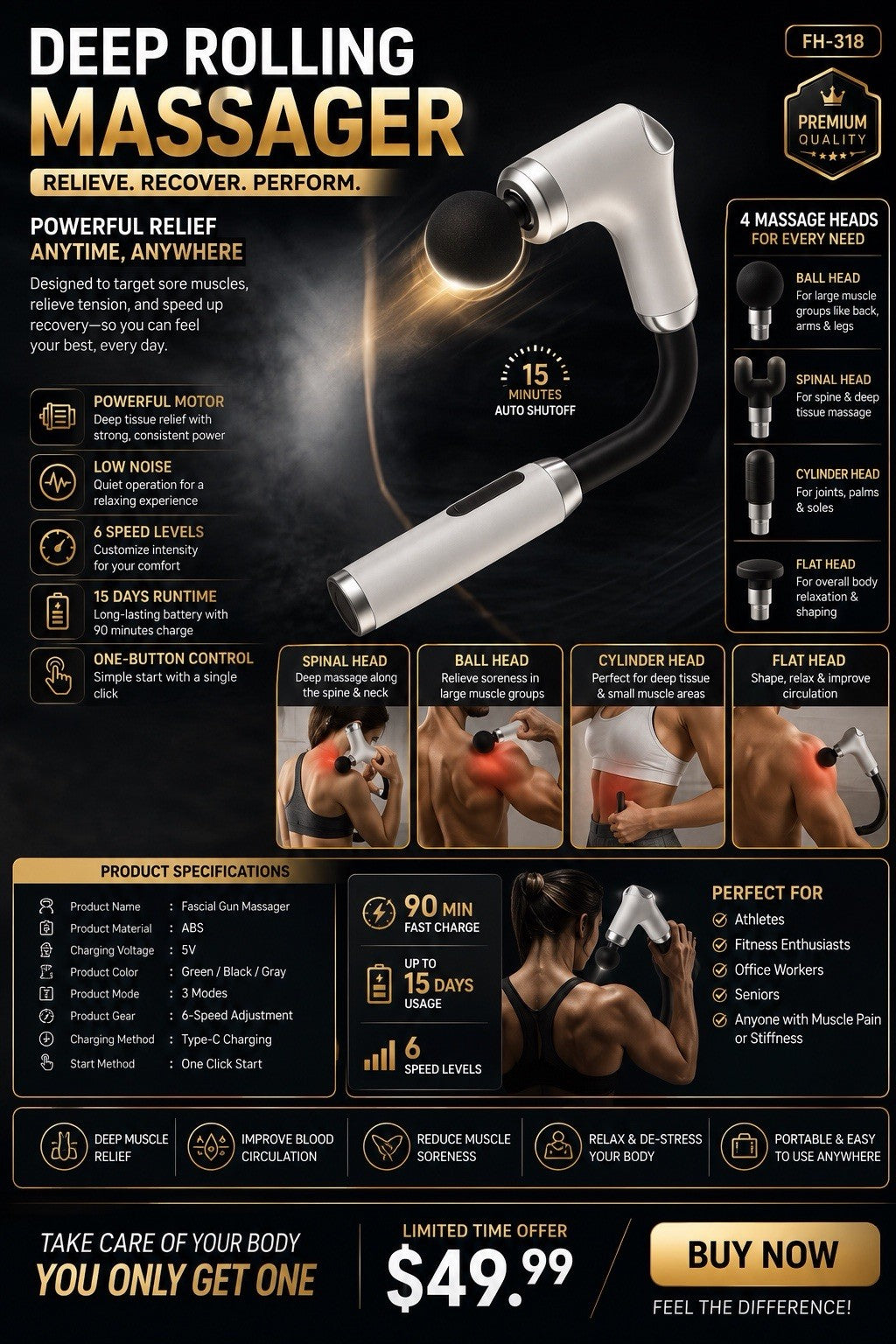 Deep Rolling Massager, 6 Speeds, 4 Heads, Quiet, Type-C Rechargeable Relief