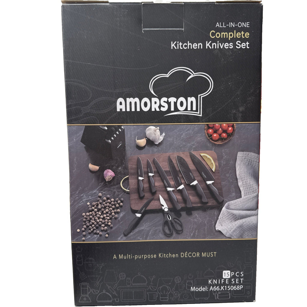 Amorston 15 Piece All-In-one Complete Knife Set W/ Block W/ Sharpener