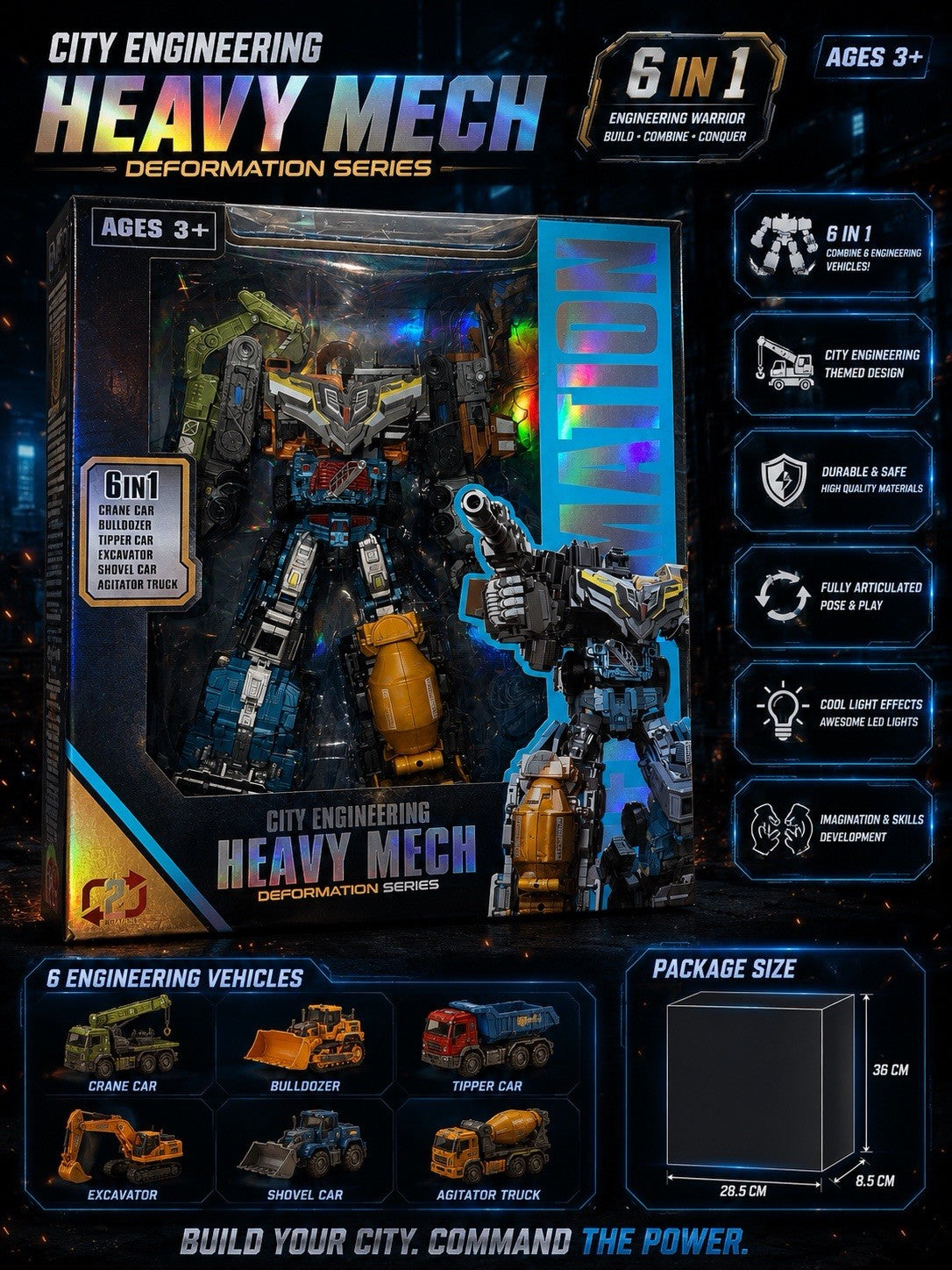 6-in-1 Heavy Mech Transforming Construction Robot with Lights, Ages 3+